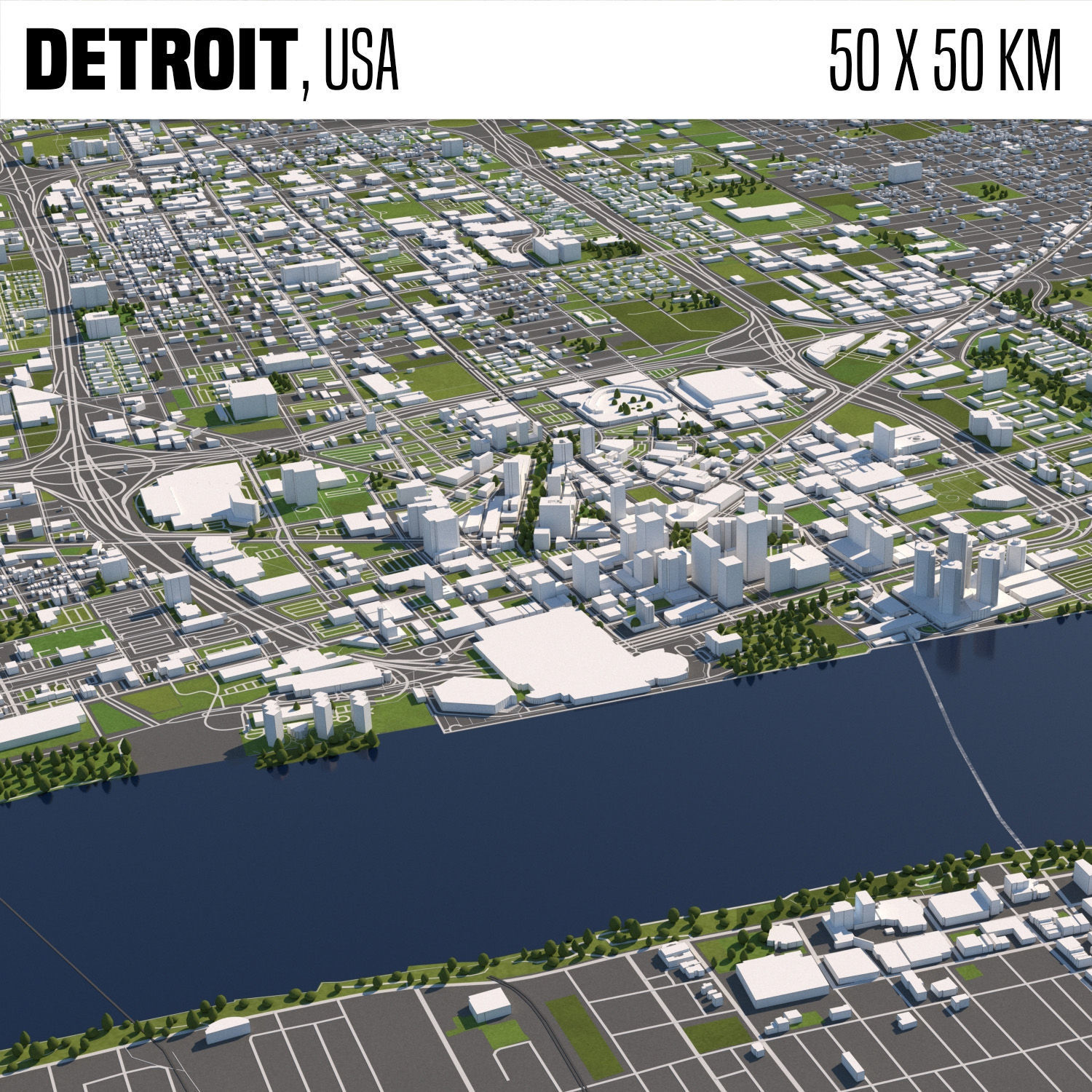Detroit 50x50km 3D City Map Model 3D model_14