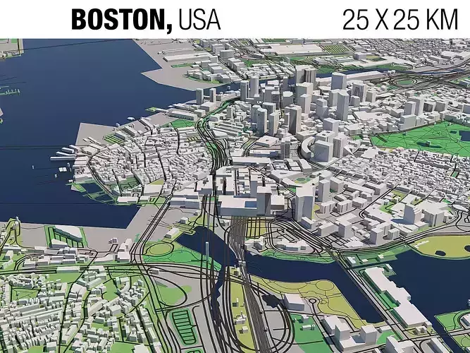 Boston Massachusetts USA 25x25km 3D City Map