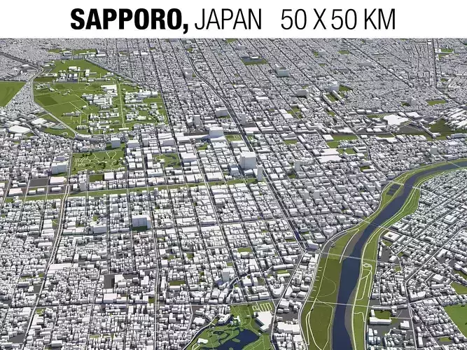 Sapporo Japan 50x50km 3D City Map