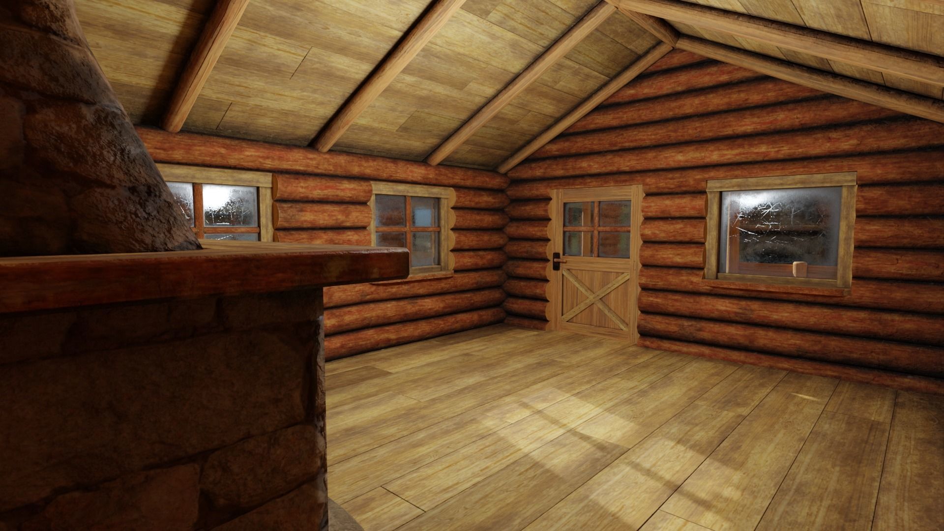 Small Log Cabin with Interior Fireplace Doors and Windows Low-poly 3D model_10