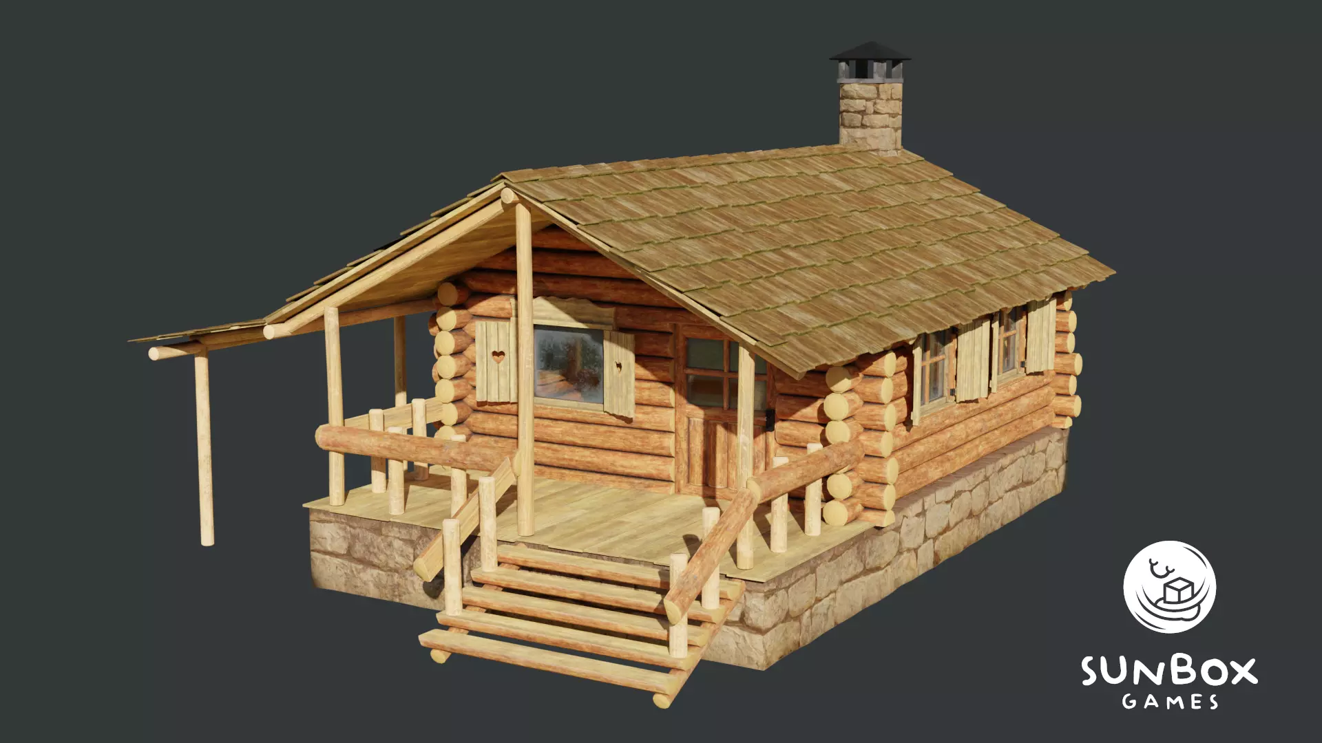 Small Log Cabin with Interior Fireplace Doors and Windows Low-poly 3D model_0