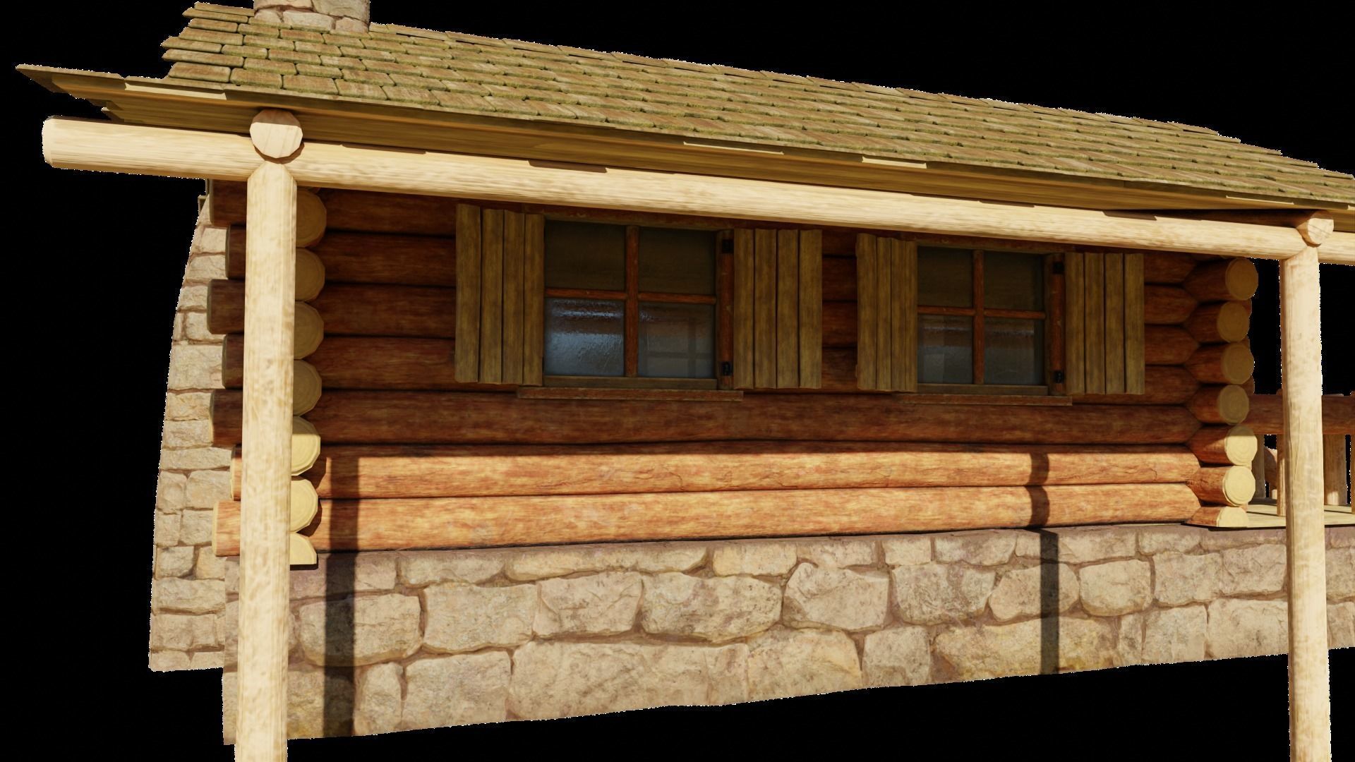 Small Log Cabin with Interior Fireplace Doors and Windows Low-poly 3D model_4