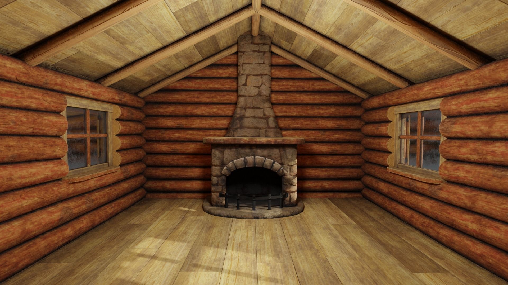 Small Log Cabin with Interior Fireplace Doors and Windows Low-poly 3D model_7