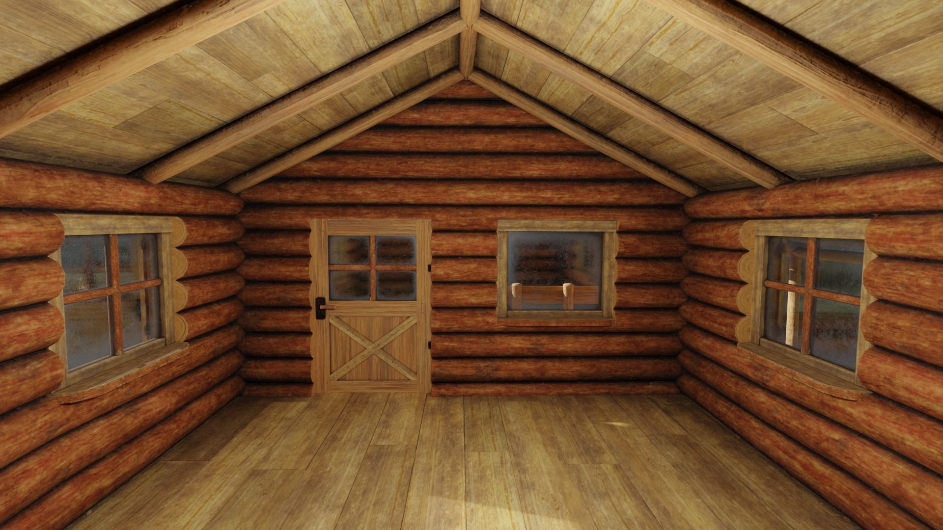 Small Log Cabin with Interior Fireplace Doors and Windows Low-poly 3D model_8