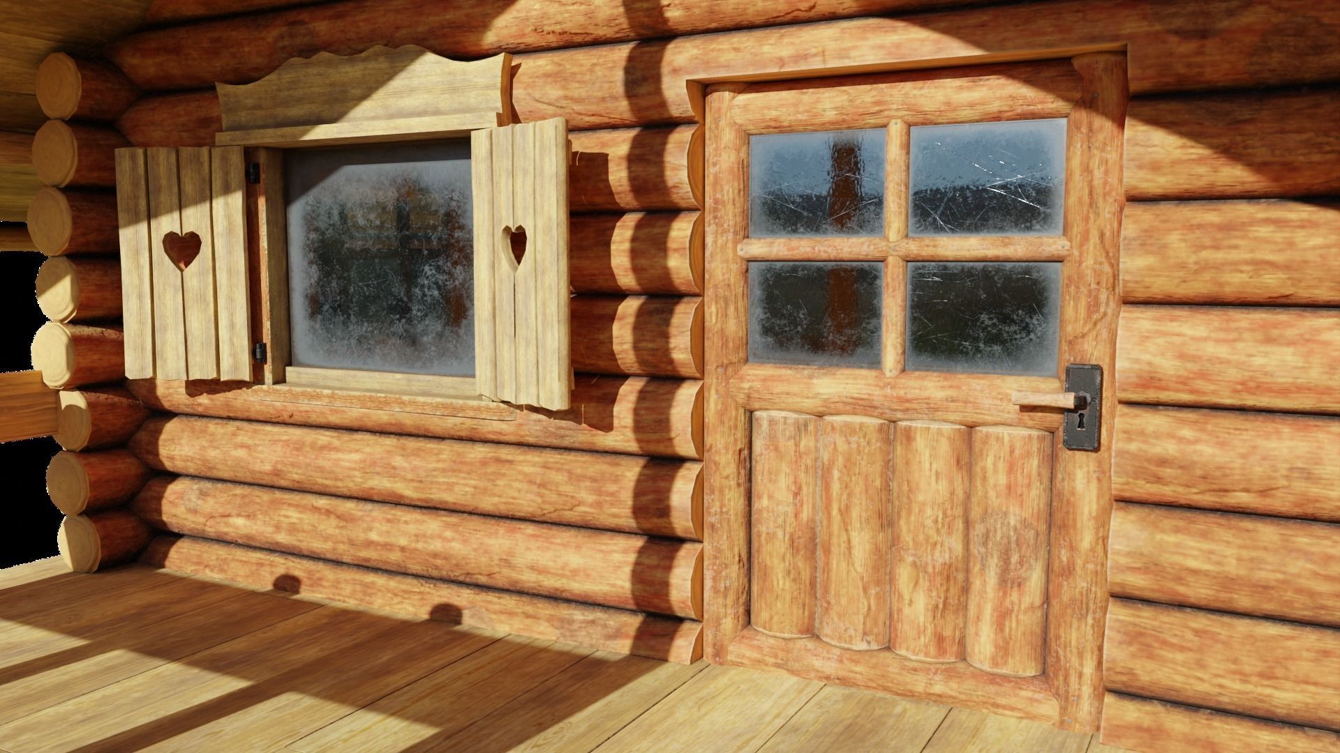 Small Log Cabin with Interior Fireplace Doors and Windows Low-poly 3D model_5
