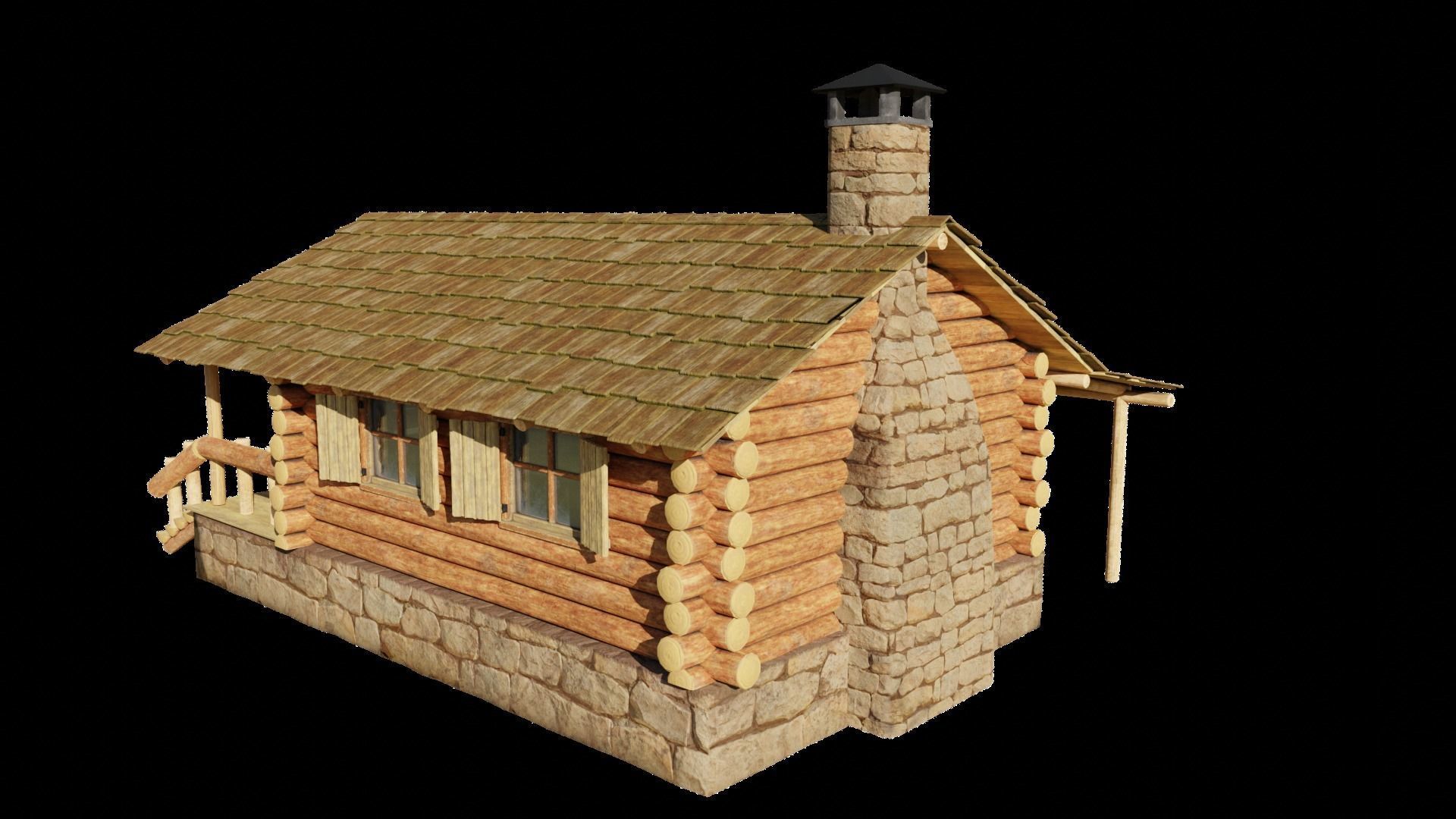 Small Log Cabin with Interior Fireplace Doors and Windows Low-poly 3D model_3