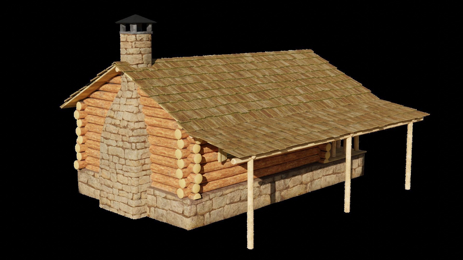 Small Log Cabin with Interior Fireplace Doors and Windows Low-poly 3D model_2