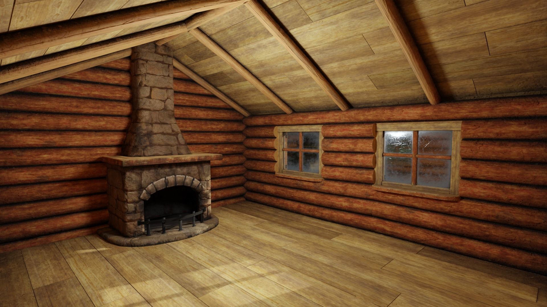 Small Log Cabin with Interior Fireplace Doors and Windows Low-poly 3D model_9