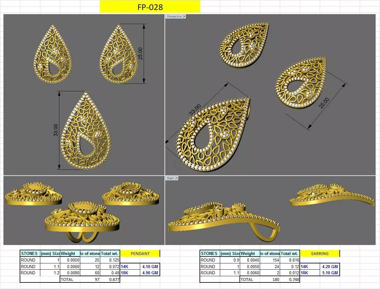 plain pear diamond earring pendent set 3D print model_0