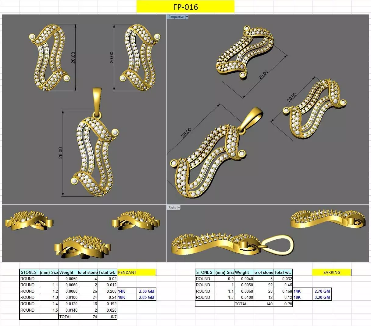 letter s diamond earring pendent set 3D print model
