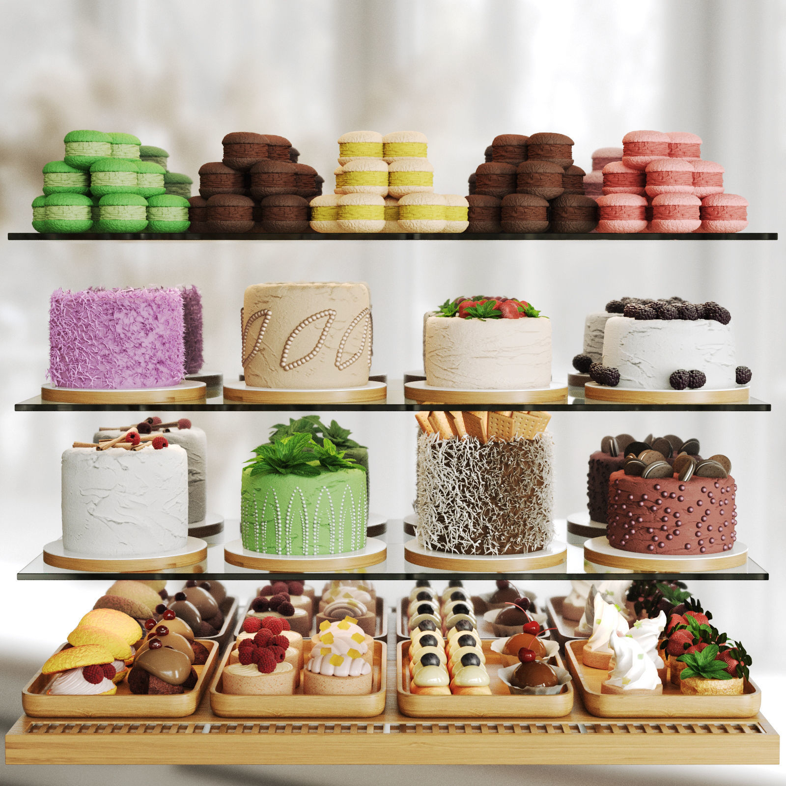 Showcase with cakes and desserts 3D model_2