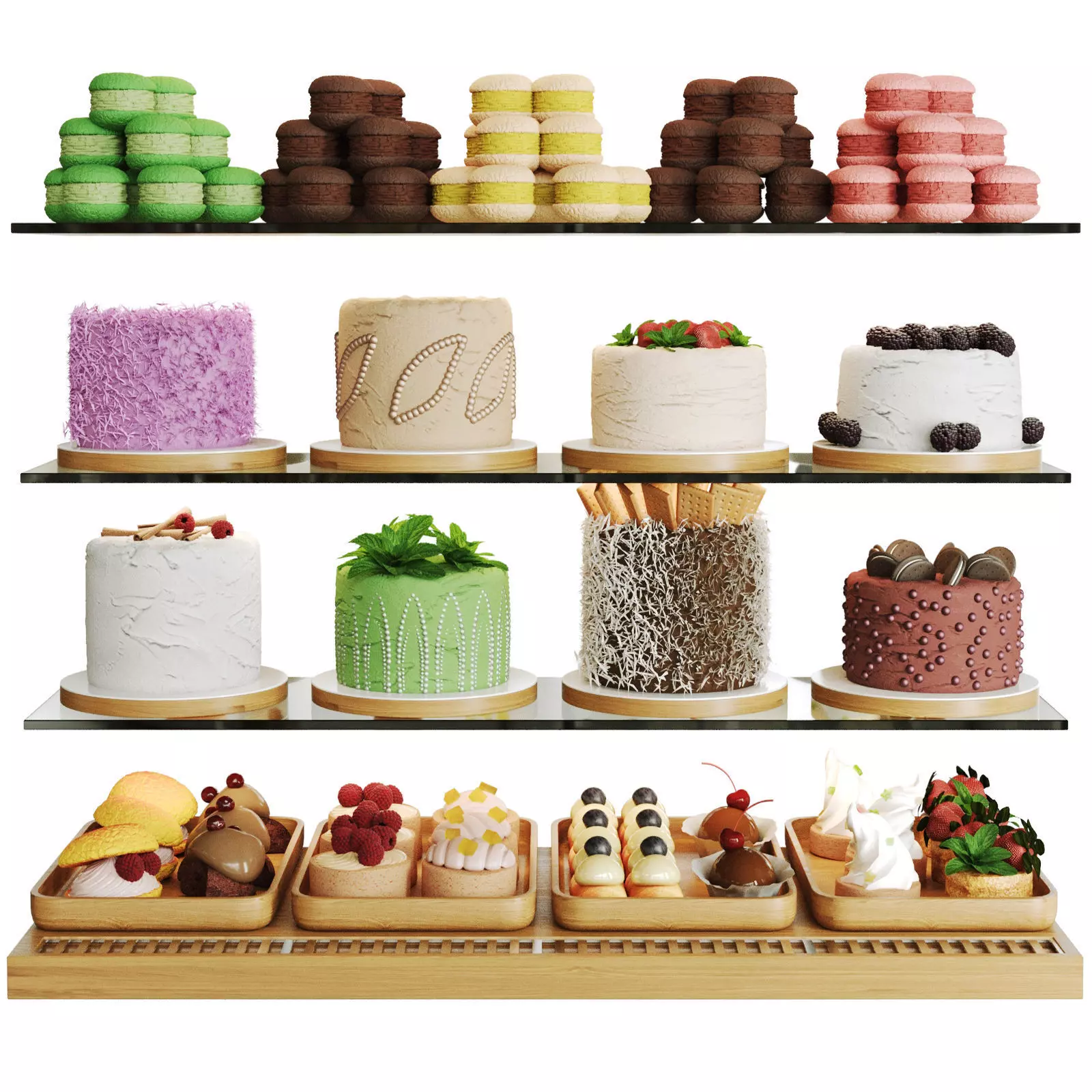 Showcase with cakes and desserts 3D model_0
