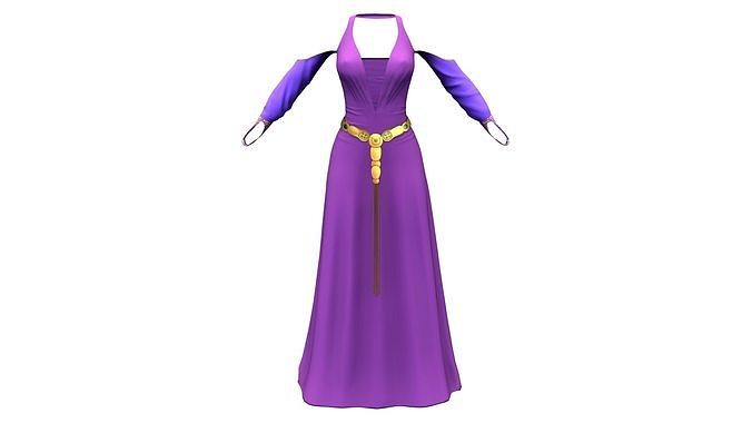 Long Skirt Crop Shoulders Medieval Fantasy Purple Gown Low-poly 3D model
