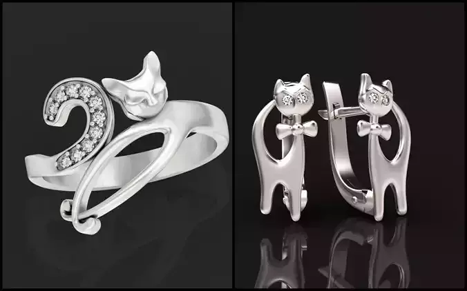 set ring cat and earrings cat 