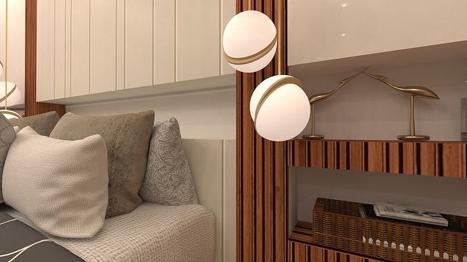 Bedroom with wooden furniture and lamps 3D model