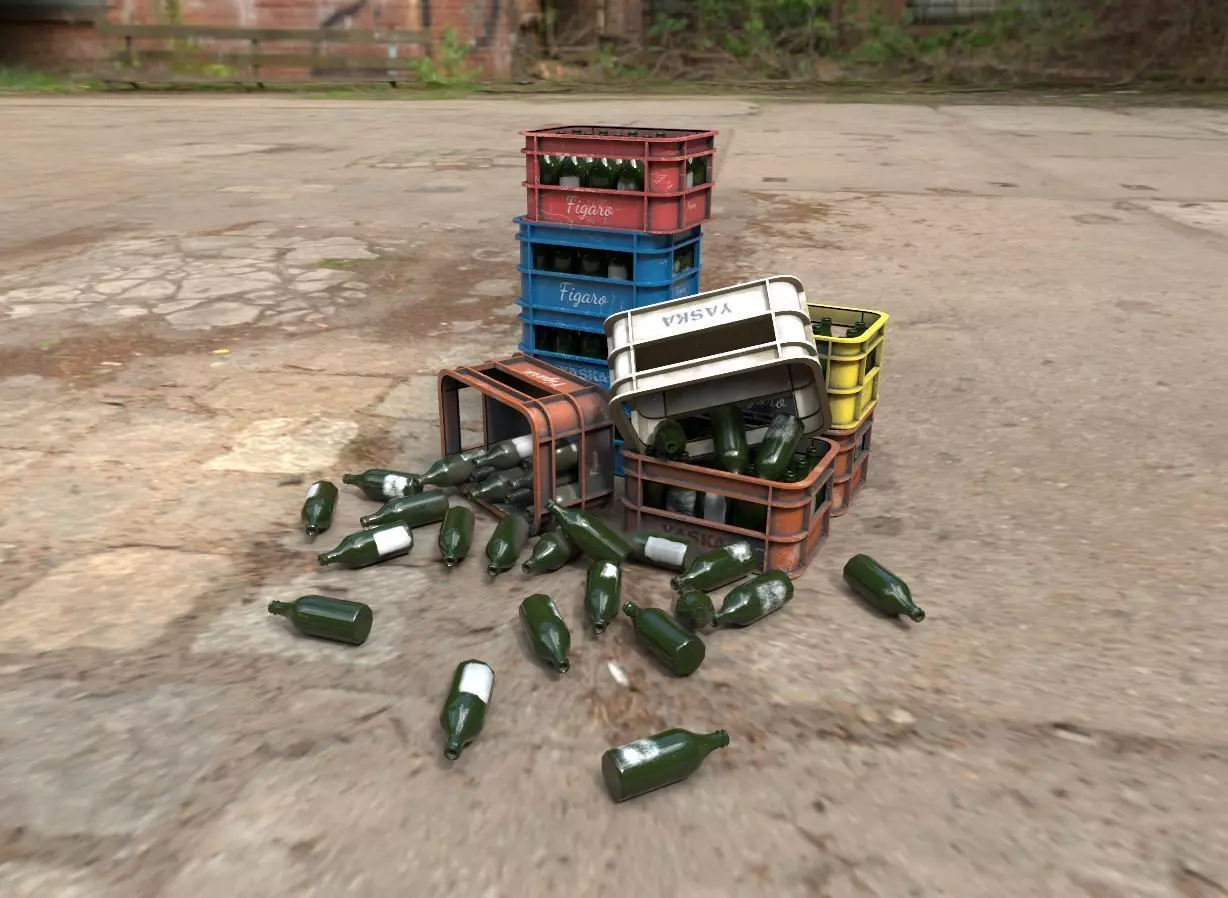 Bottle Crates And Scattered Bottles 3D model