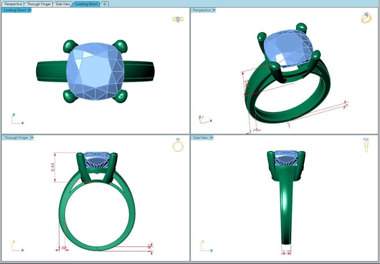 Ring352 gold engagement ring with cushion cut diamond 3D print model_5