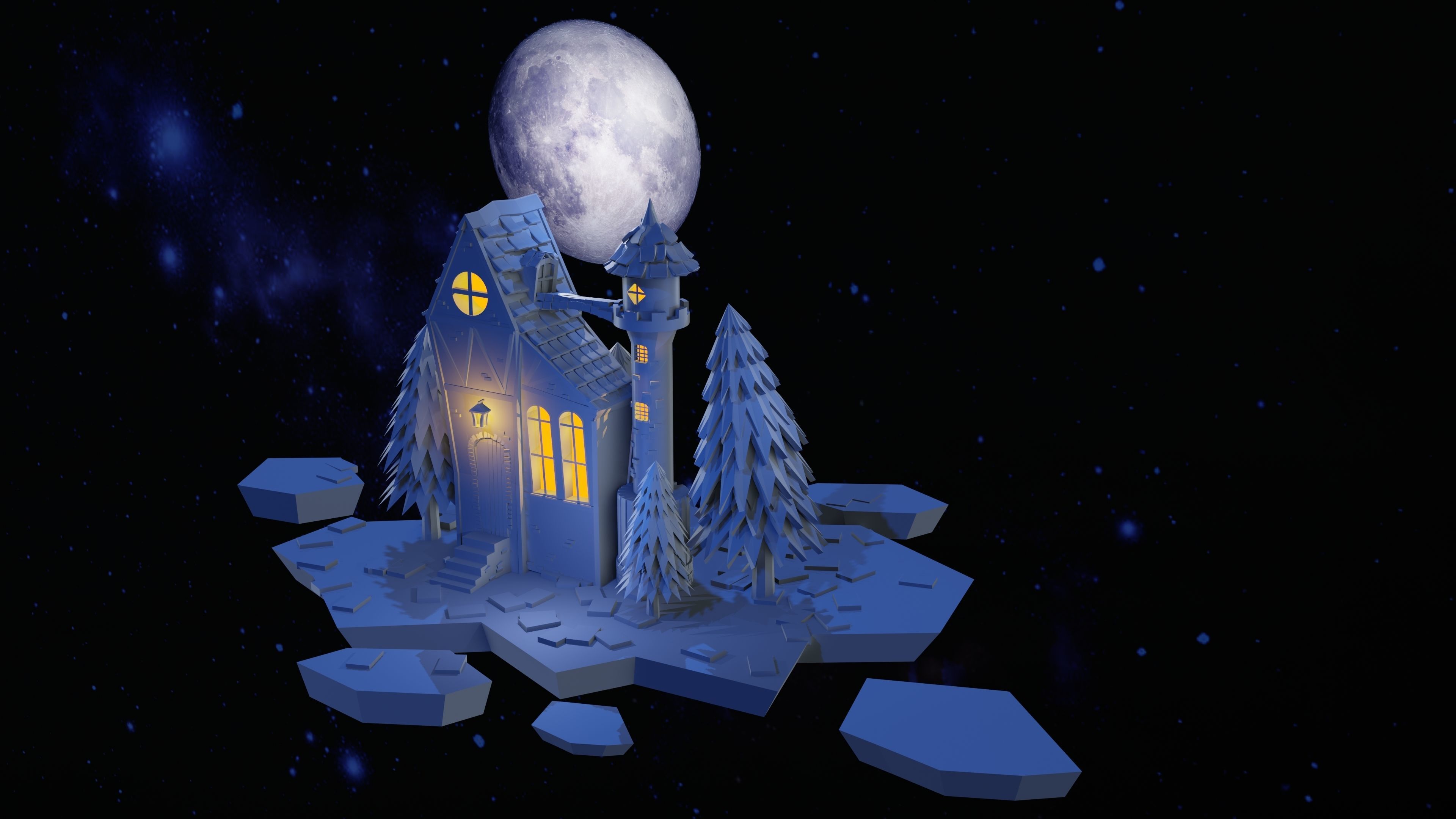 Night house on the background of the moon 3D model_1