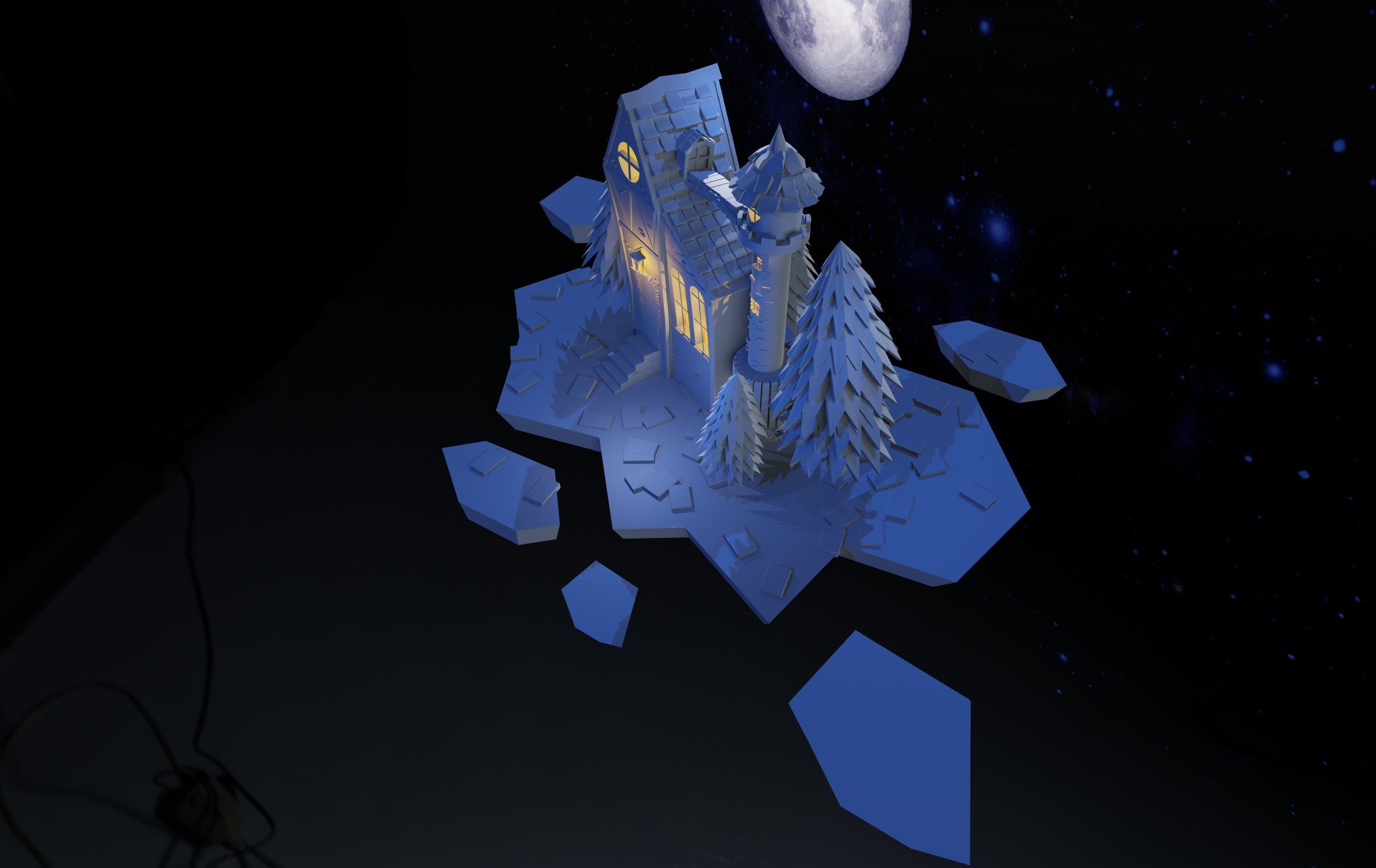 Night house on the background of the moon 3D model_2