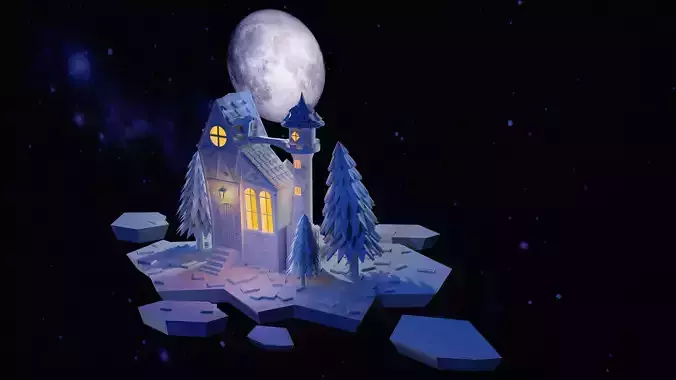 Night house on the background of the moon