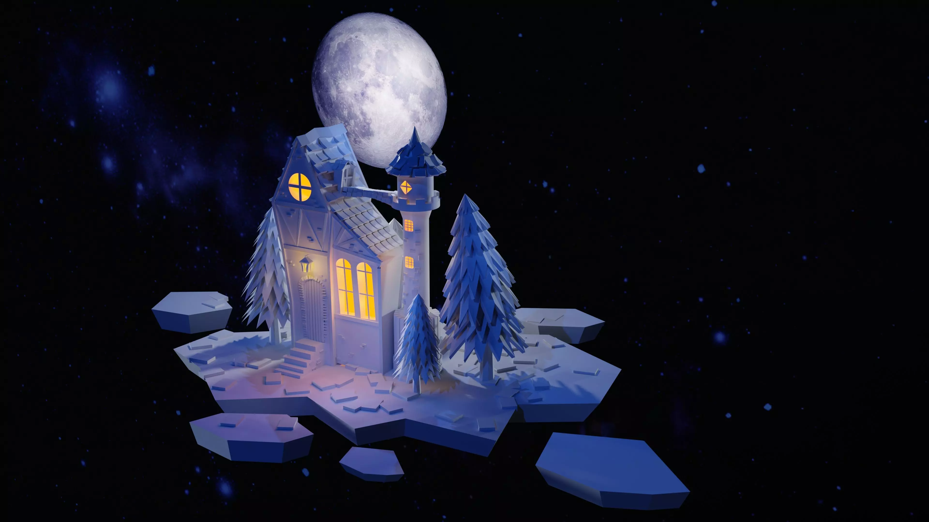 Night house on the background of the moon 3D model_0