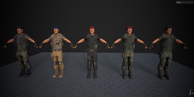 Commando set group of soldiers in uniform Low-poly 3D model