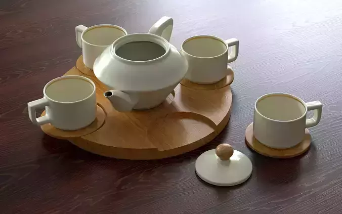 Kettle with cups on a wooden stand 3D model