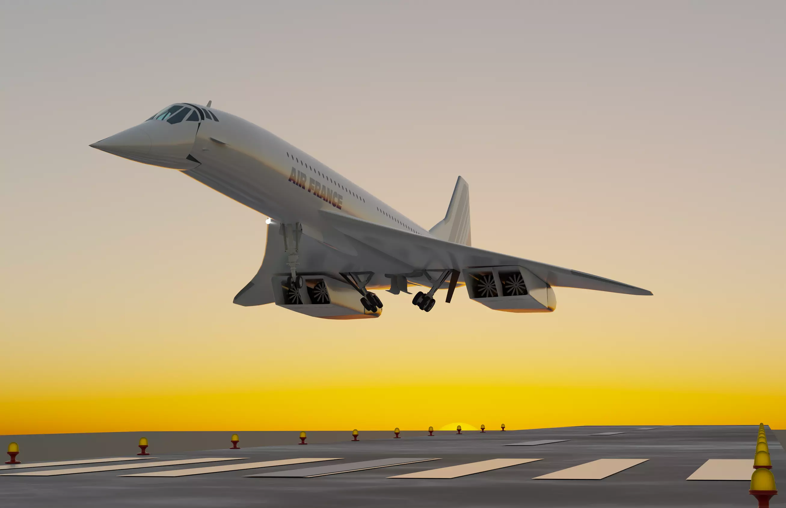 Concorde jet airplane taking off from runway at sunset 3D model