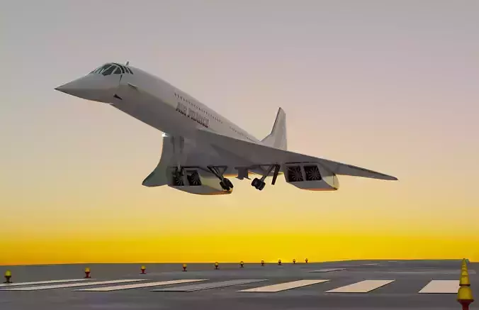 Concorde jet airplane taking off from runway at sunset