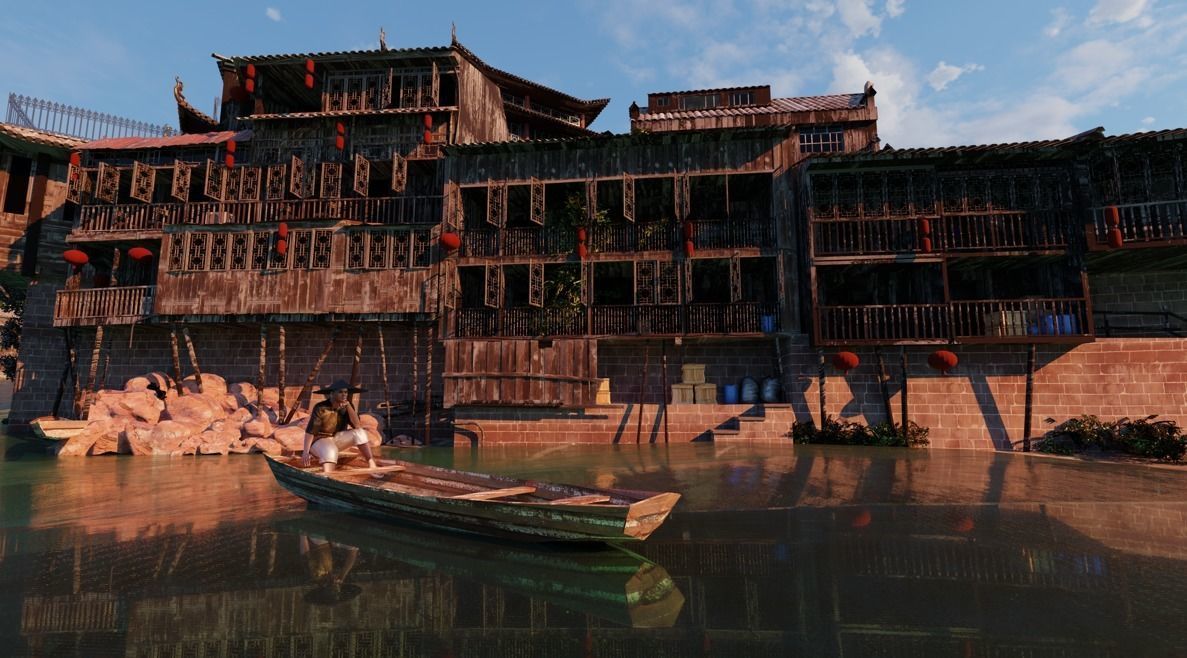 Chinese Vintage Scene with River 3D model_1