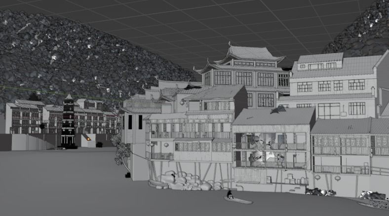 Chinese Vintage Scene with River 3D model_13