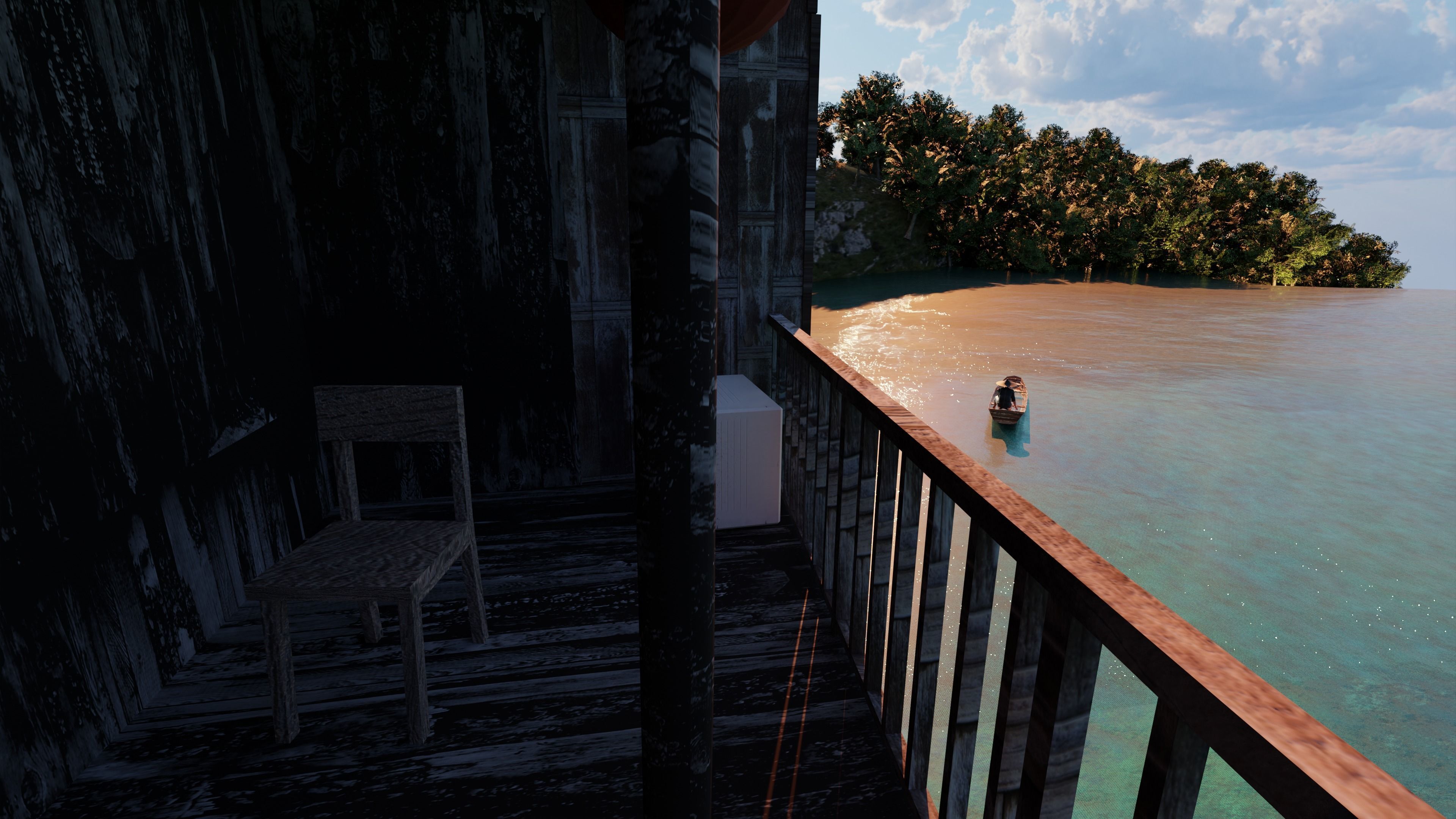 Chinese Vintage Scene with River 3D model_7