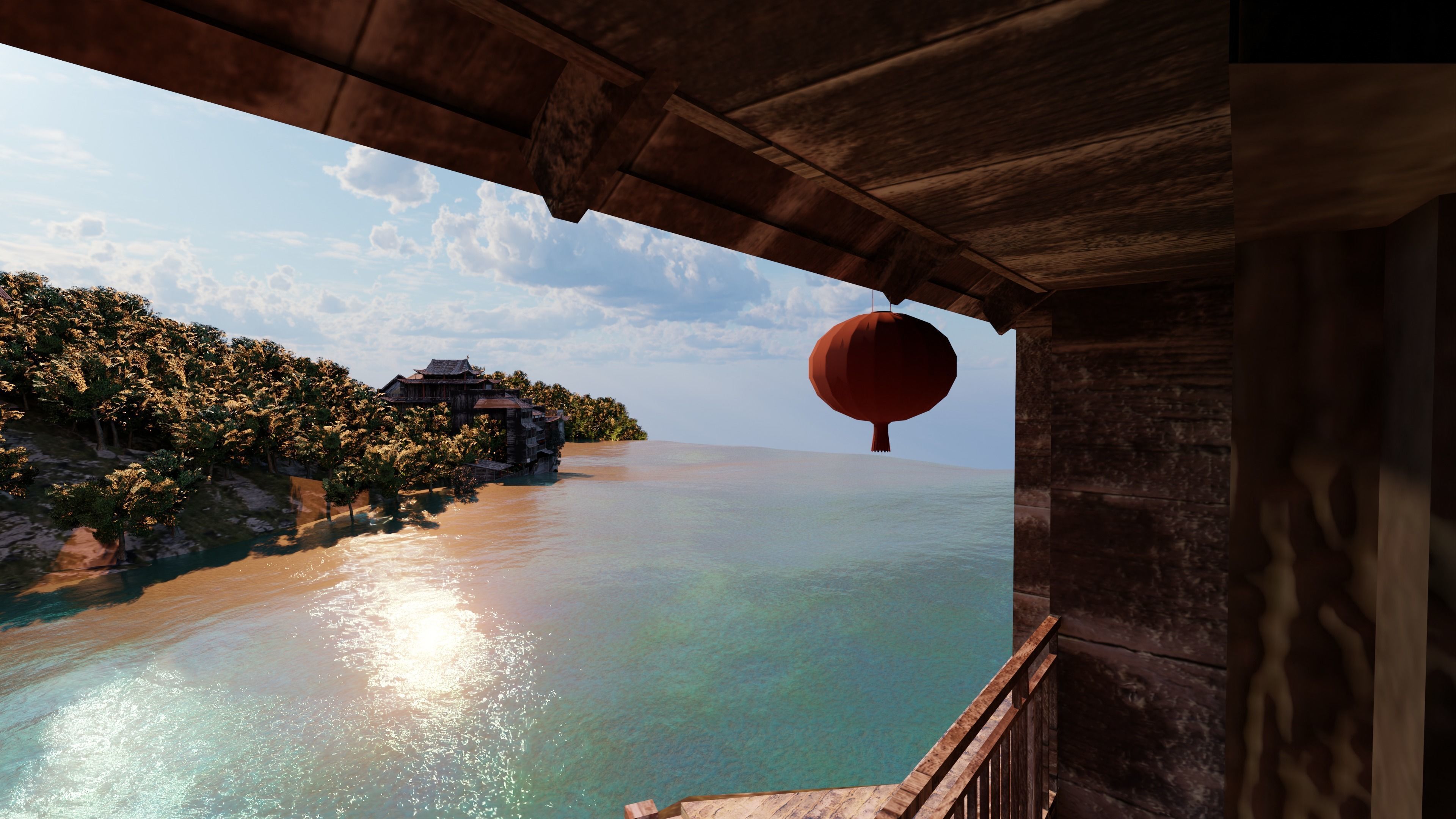 Chinese Vintage Scene with River 3D model_9