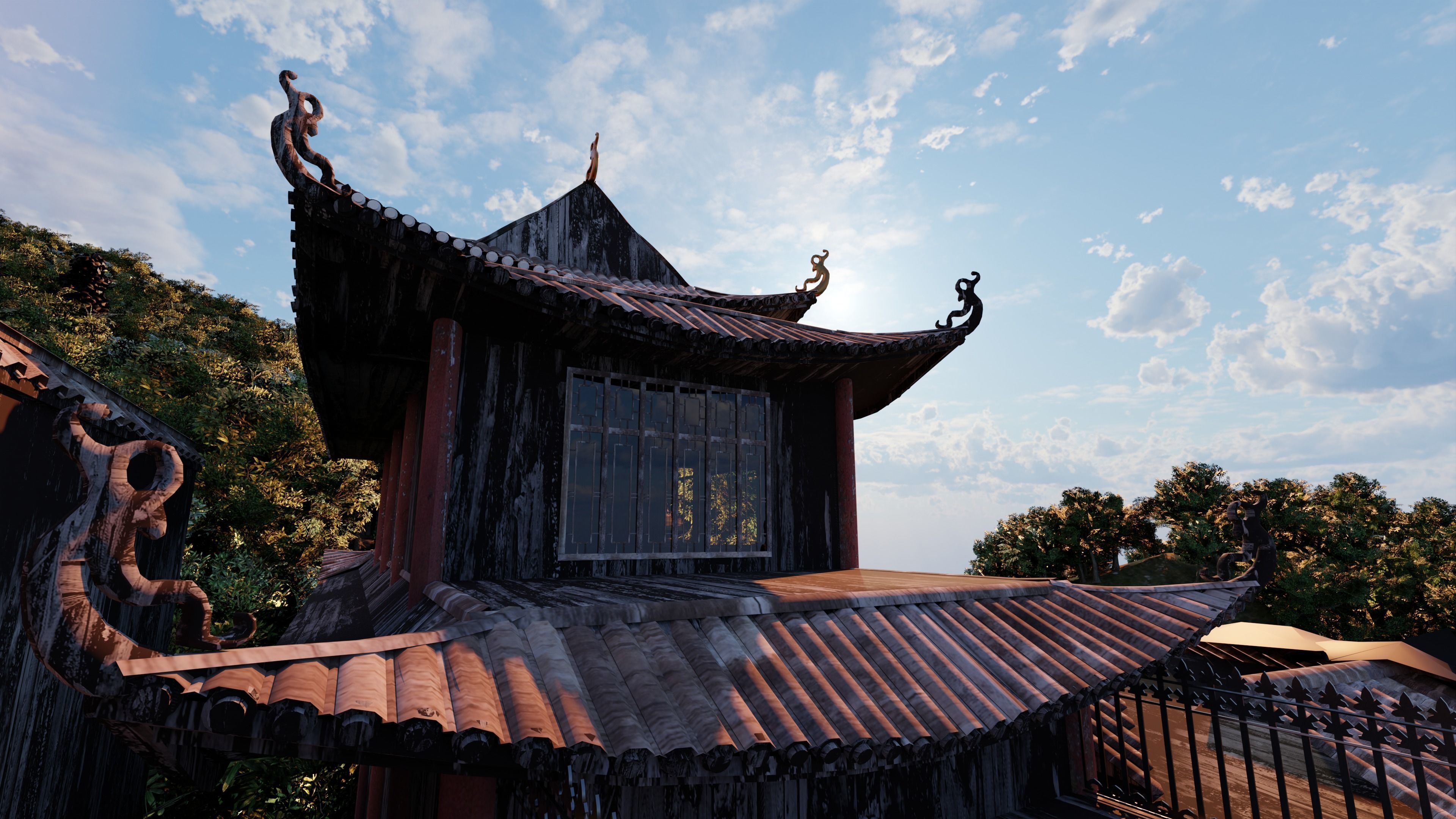 Chinese Vintage Scene with River 3D model_5