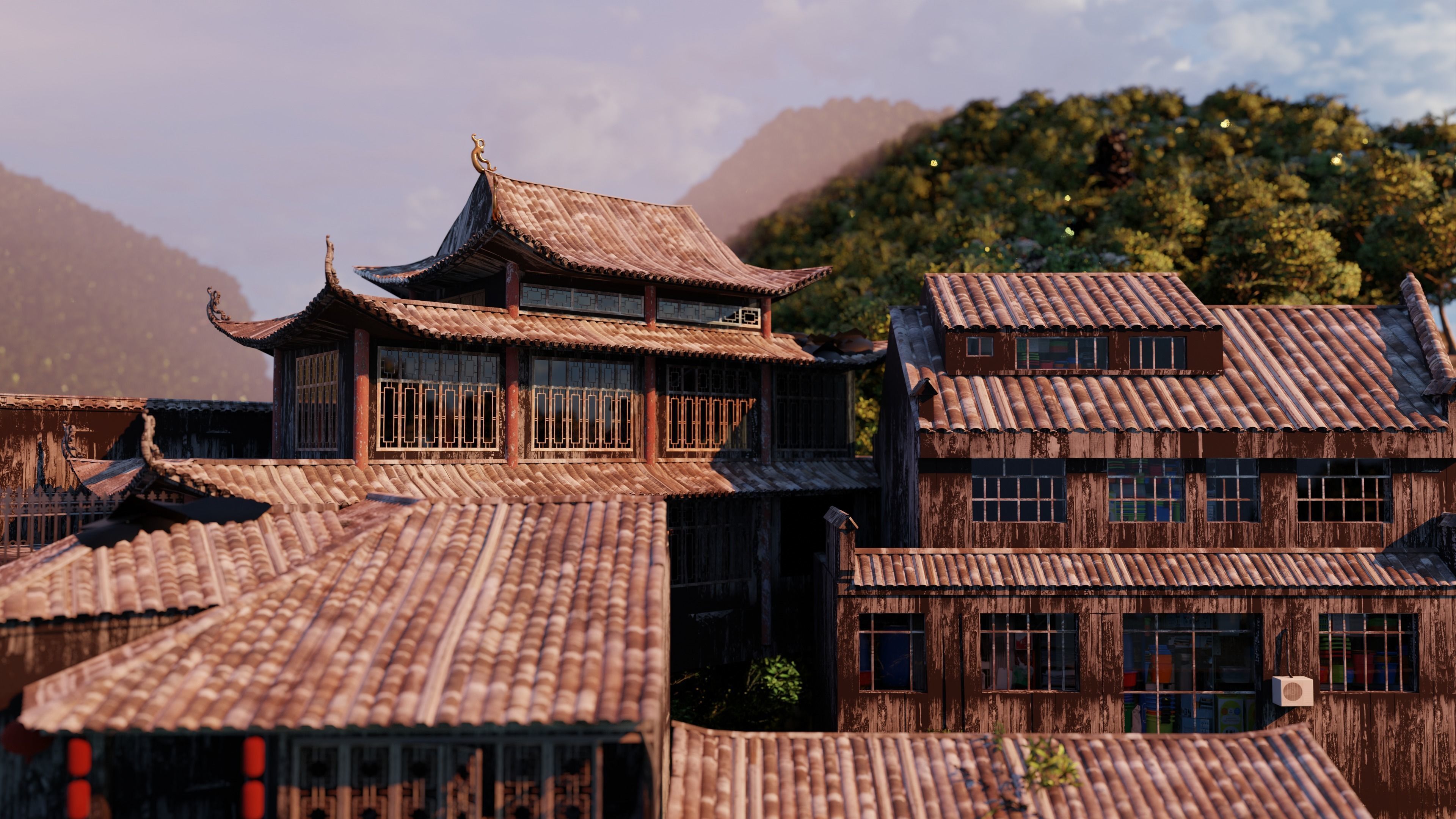 Chinese Vintage Scene with River 3D model_4