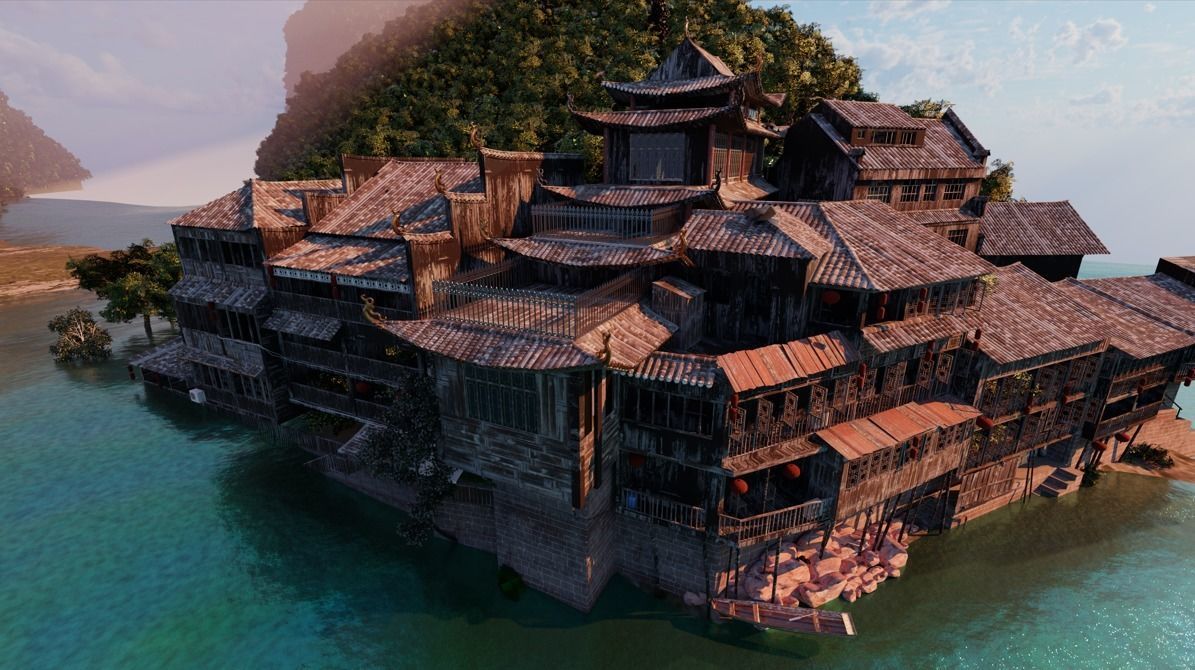 Chinese Vintage Scene with River 3D model_2