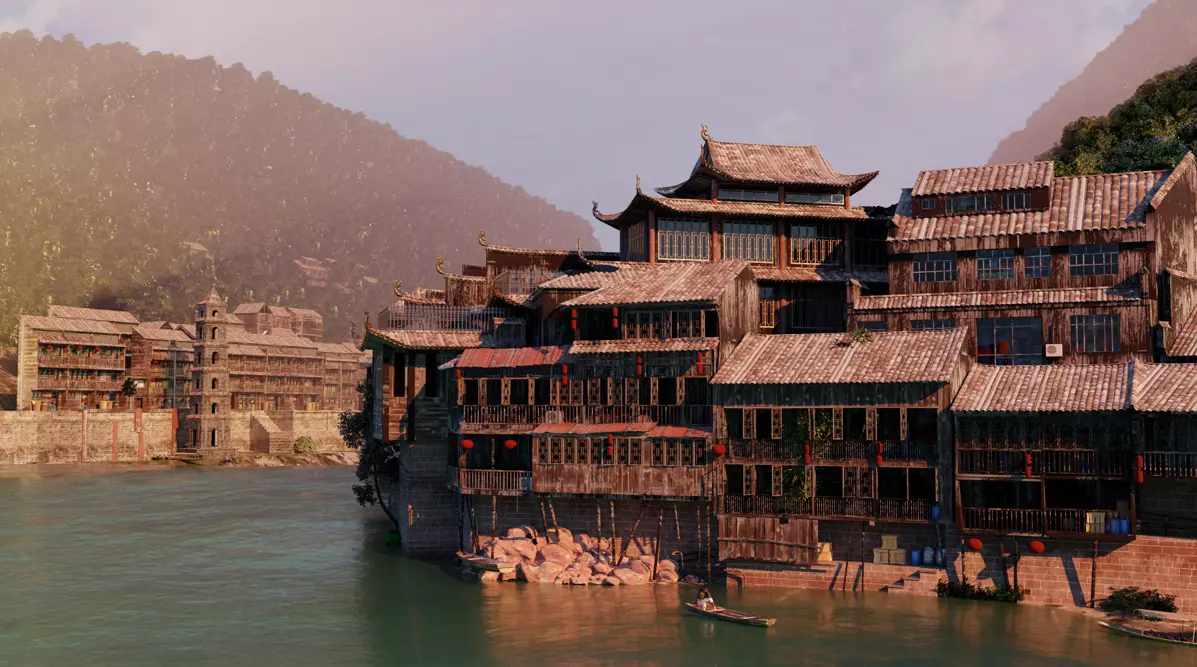Chinese Vintage Scene with River 3D model_0