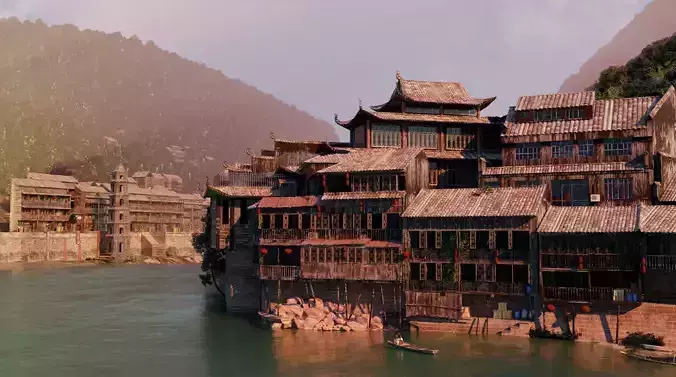 Chinese Vintage Scene with River 3D model