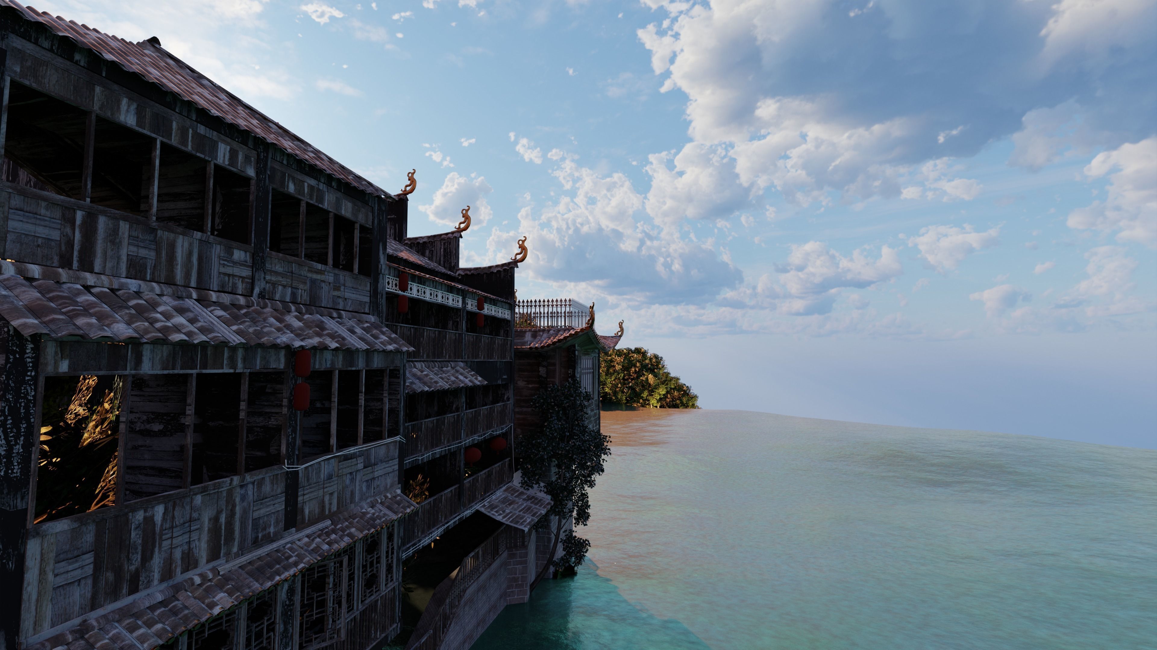 Chinese Vintage Scene with River 3D model_8