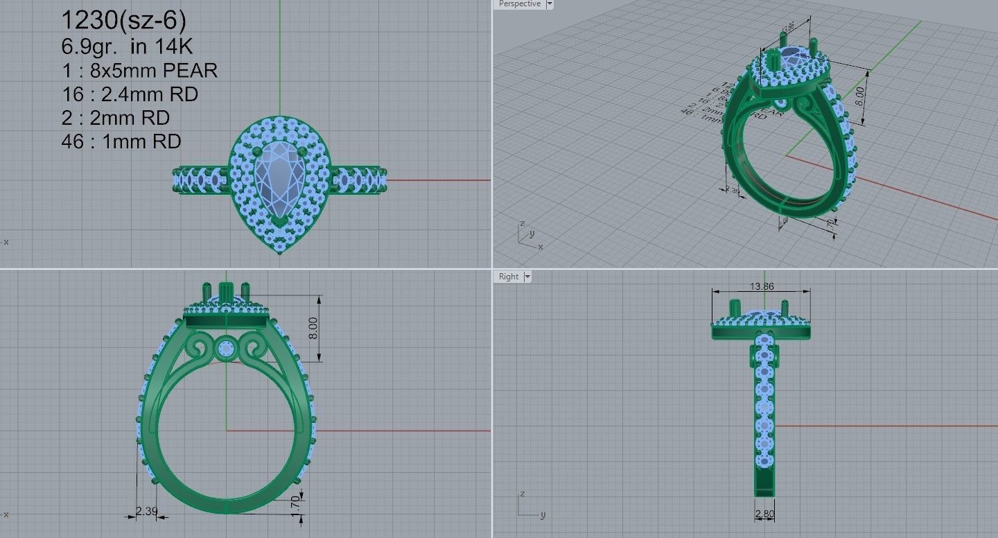 Pear Double Halo Ring 1230 3D print model_4