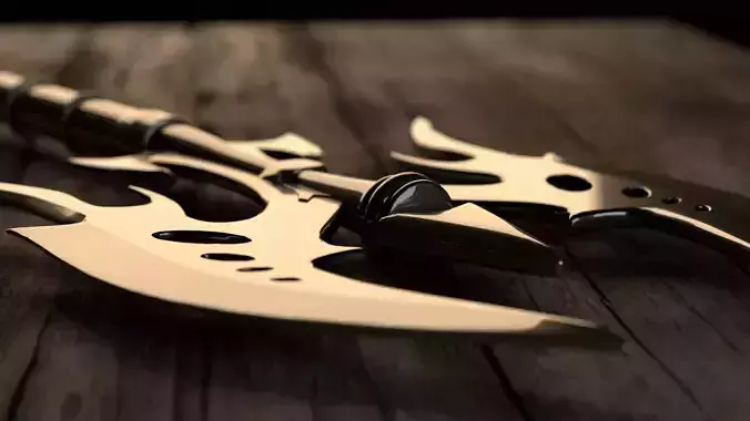 3D Axe gold sword on wooden table