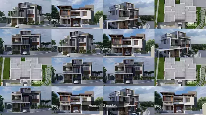 Houses modern house with different elevations 3D Model Collection