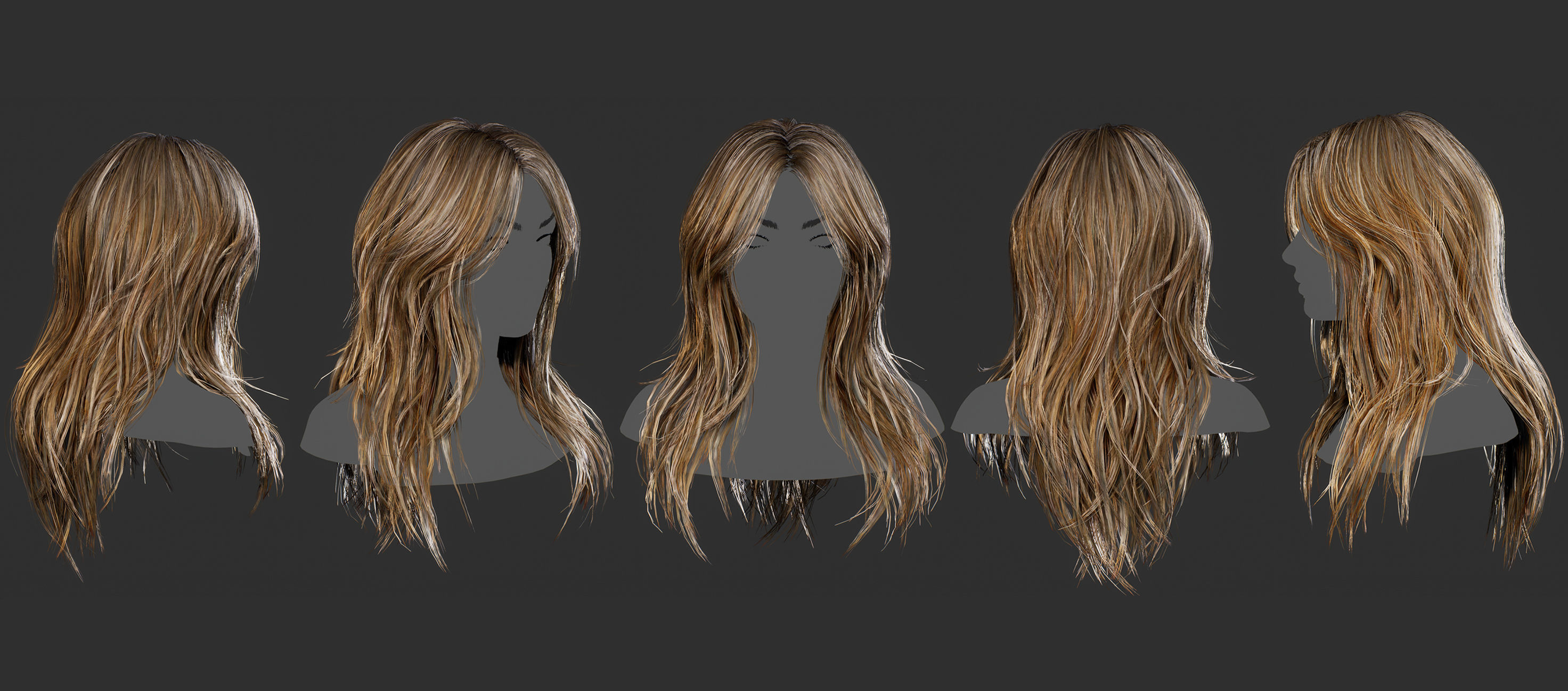 Realistic Hairstyle Pack 5 pieces Real Time Low Poly Cards Low-poly 3D model_3