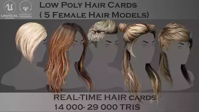 Realistic Hairstyle Pack 5 pieces Real Time Low Poly Cards Low-poly 3D model