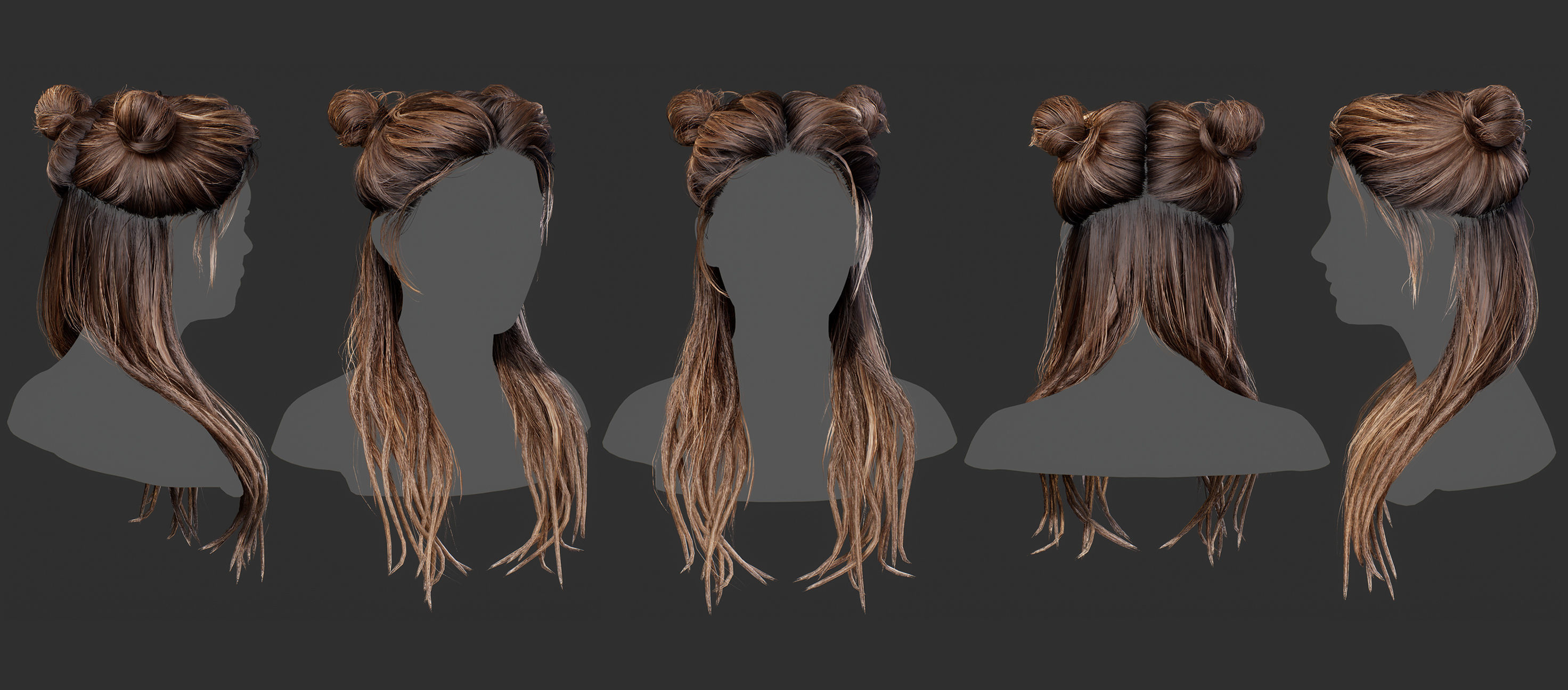 Realistic Hairstyle Pack 5 pieces Real Time Low Poly Cards Low-poly 3D model_5