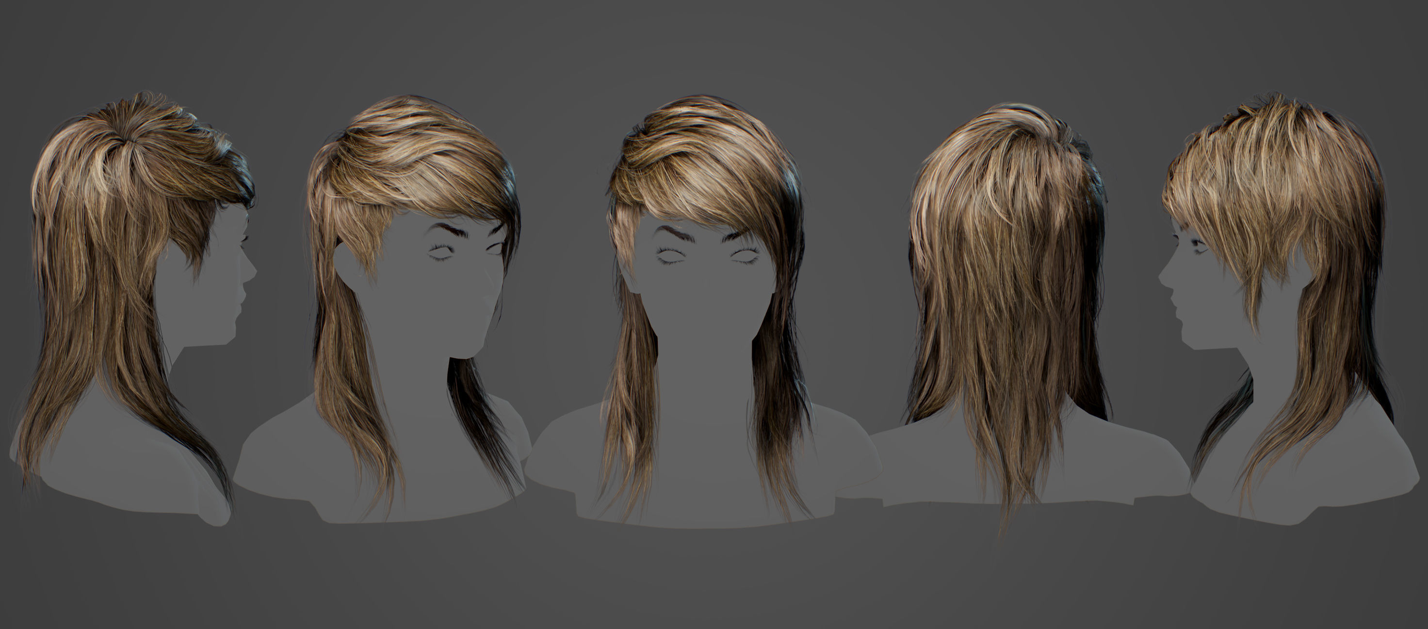 Realistic Hairstyle Pack 5 pieces Real Time Low Poly Cards Low-poly 3D model_10