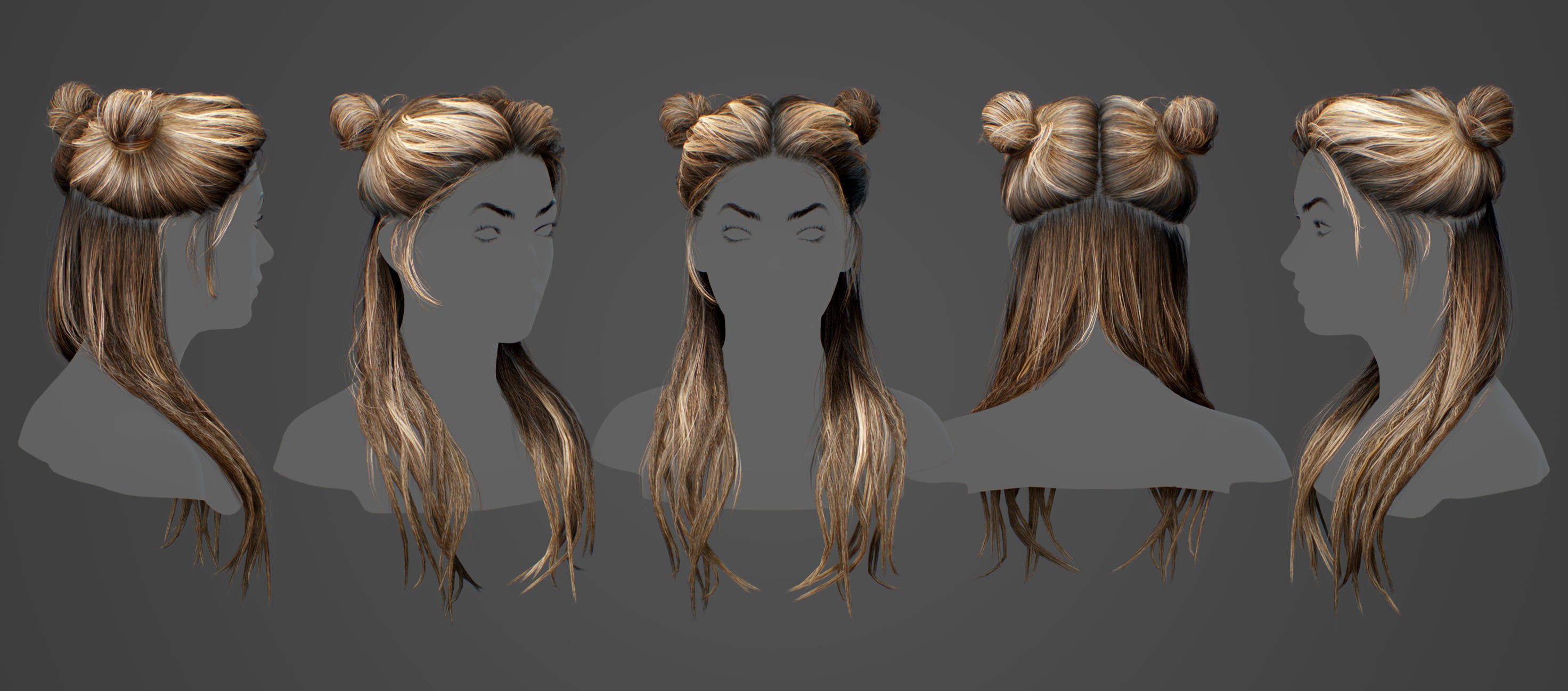 Realistic Hairstyle Pack 5 pieces Real Time Low Poly Cards Low-poly 3D model_4