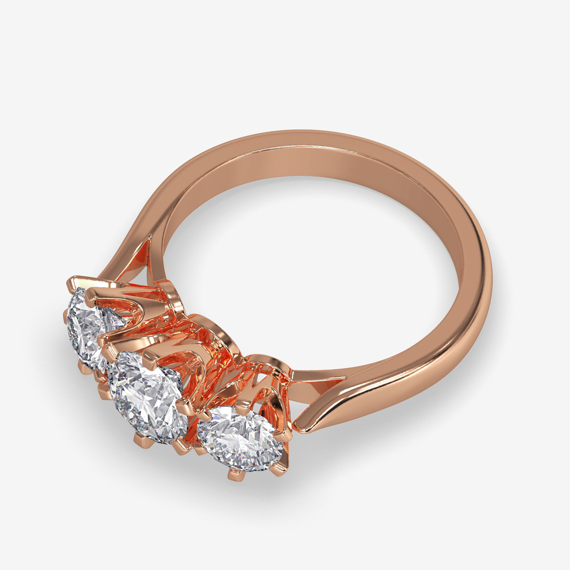 CJ-0005 three stone diamond ring in rose gold 3D print model_5