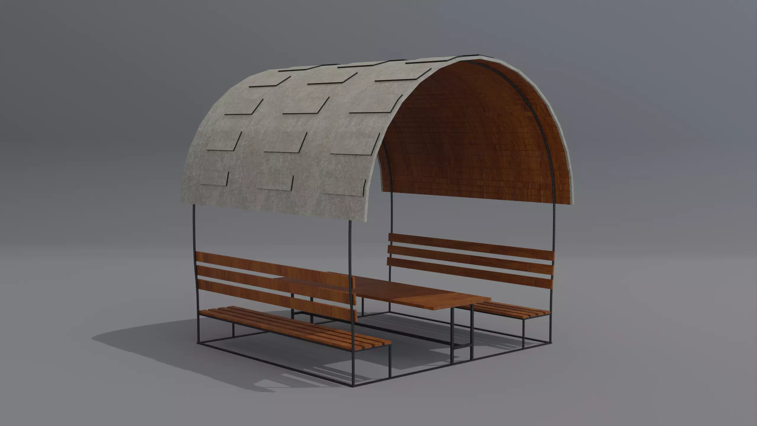 Pergola wooden bench with roof Low-poly 3D model_0