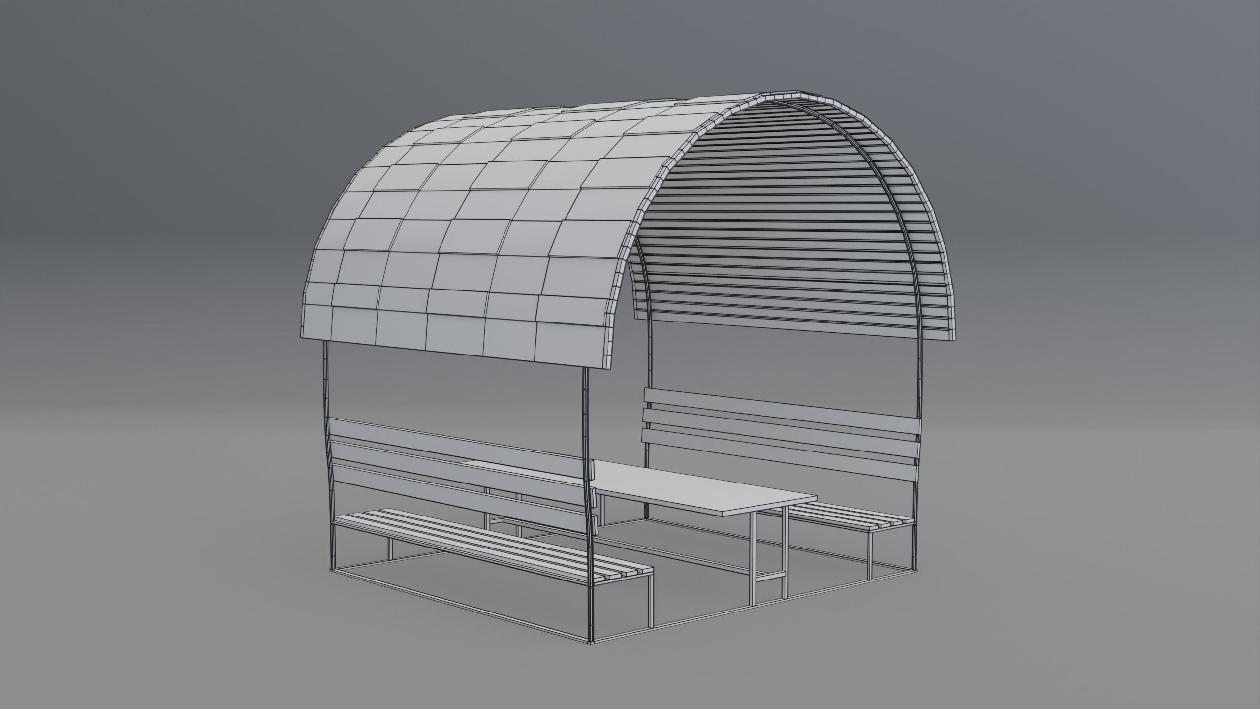 Pergola wooden bench with roof Low-poly 3D model_7